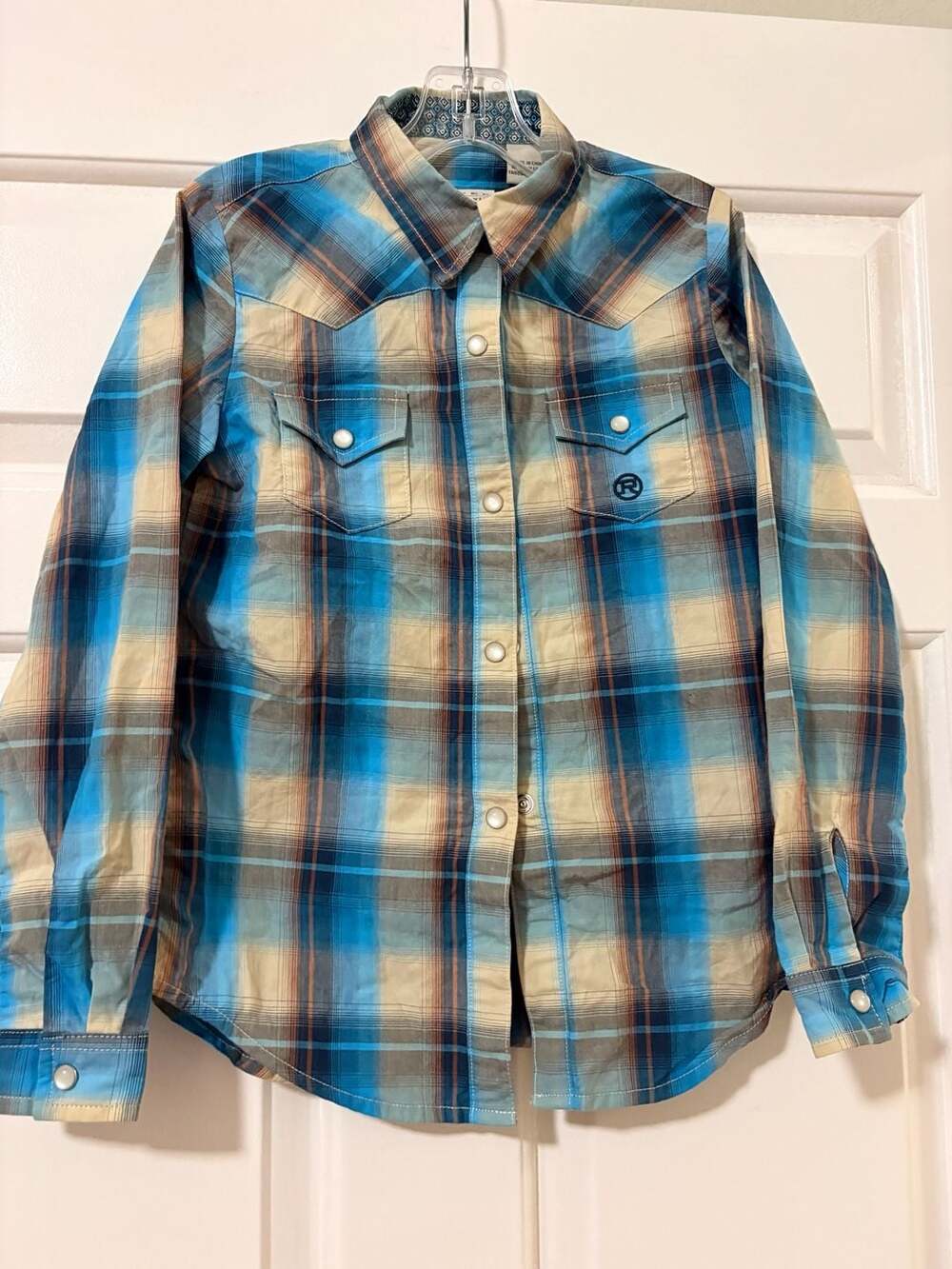Roper Boys Sunset Plaid Long Sleeve Western Shirt Size S 6-6X Blue